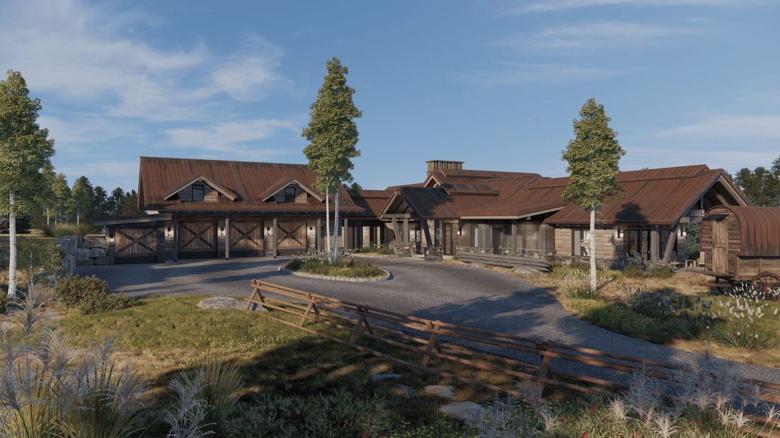 A large house is sitting in the middle of a field surrounded by trees.