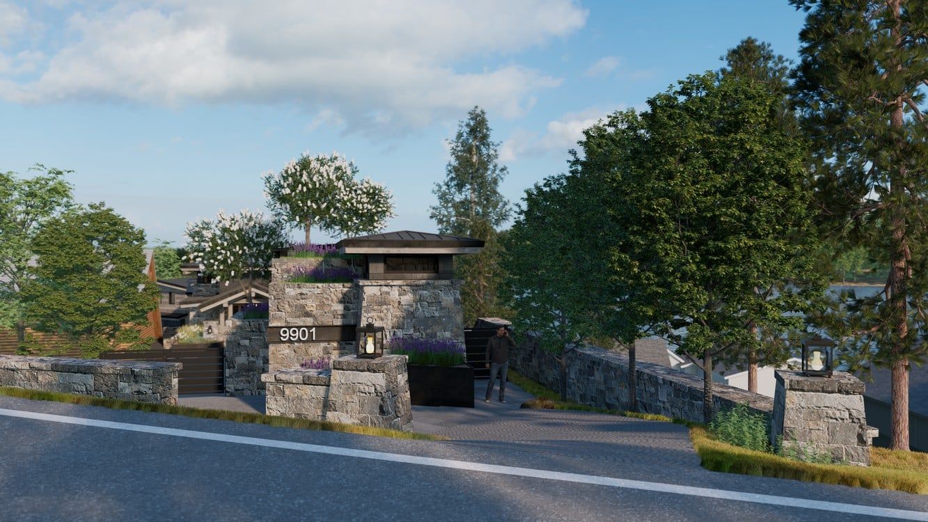 An artist 's impression of a house next to a road surrounded by trees.