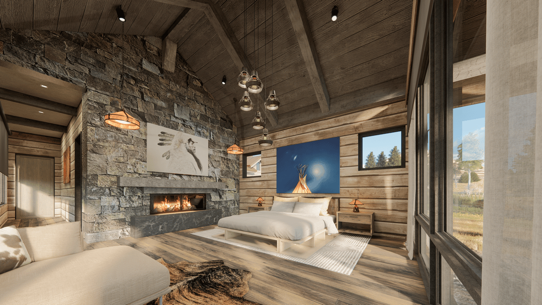 An artist 's impression of a bedroom with a fireplace and a bed.