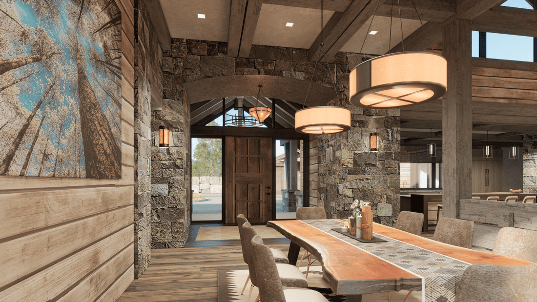 An artist 's impression of a dining room with a long table and chairs.