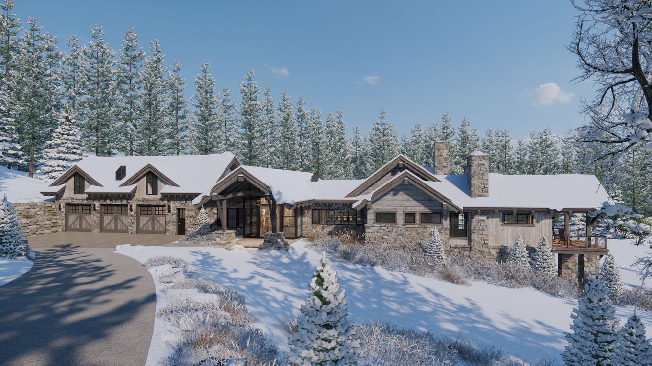A large house is sitting on top of a snow covered hill surrounded by snow covered trees.