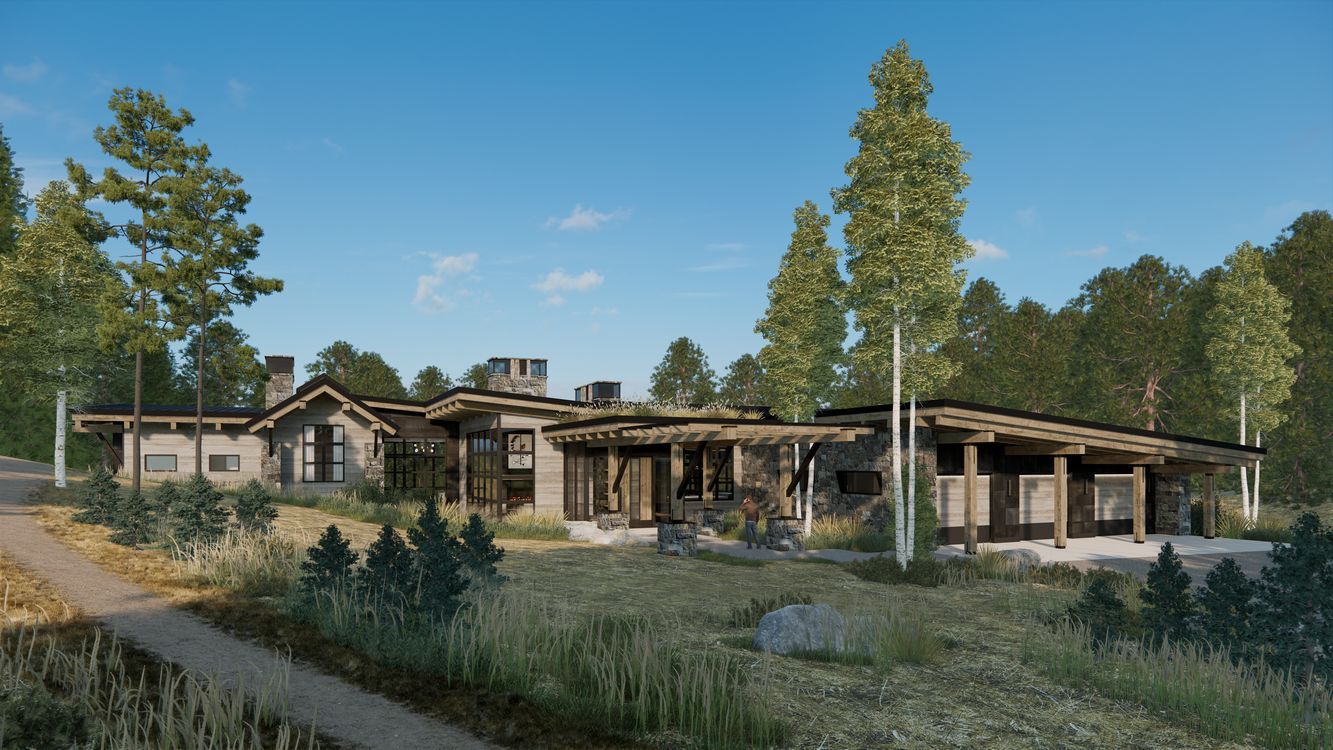 An artist 's impression of a large house in the middle of a field surrounded by trees.