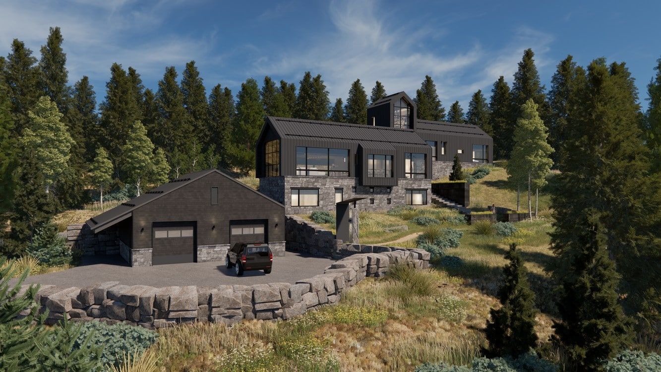 A large house is sitting on top of a hill in the middle of a forest.