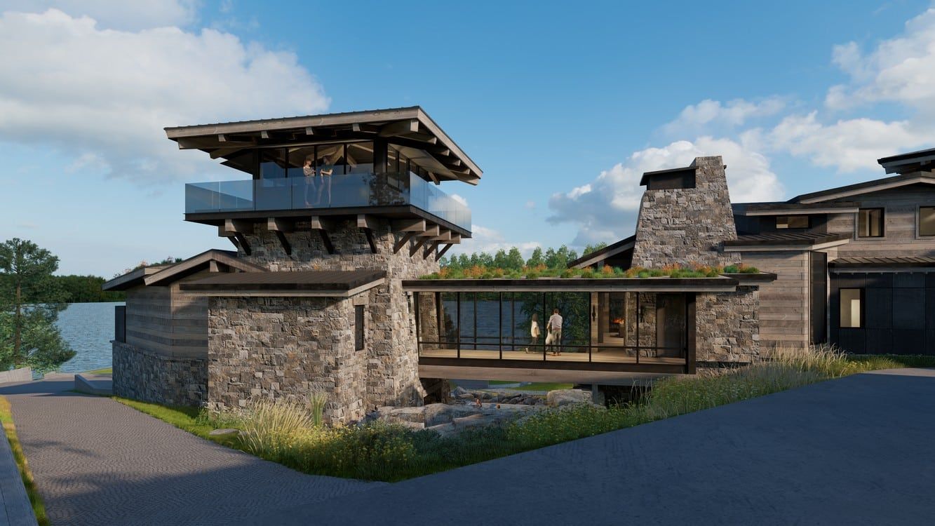 An artist 's impression of a large stone house with a bridge leading to it.