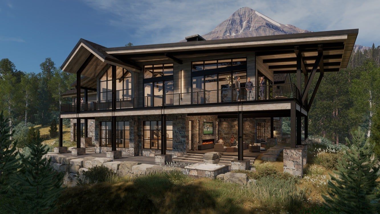 An artist 's impression of a house with a mountain in the background.