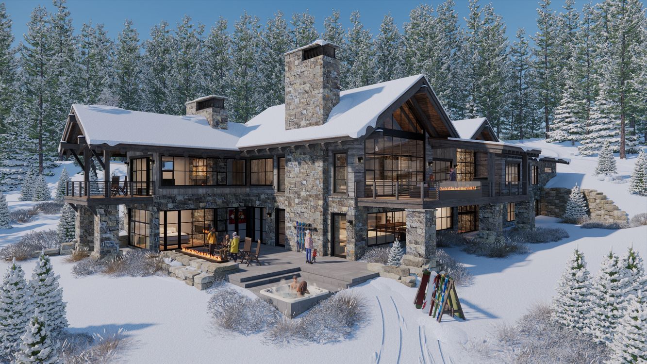 A large house is sitting on top of a snow covered hill surrounded by snow covered trees.