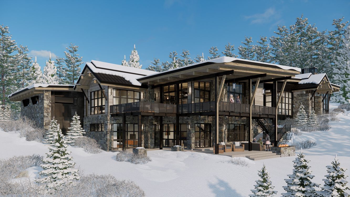 A large house is sitting on top of a snow covered hill surrounded by snow covered trees.