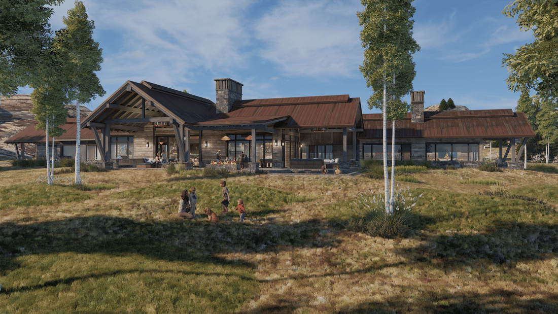 A large house is sitting in the middle of a grassy field surrounded by trees.