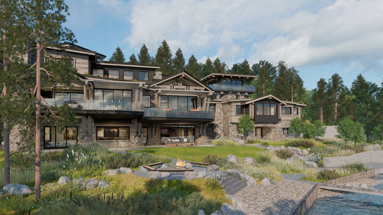 A large house is sitting on top of a hill next to a river surrounded by trees.