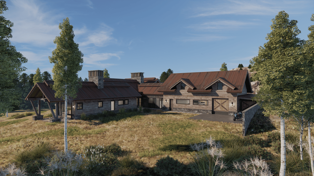 A large house is sitting in the middle of a field surrounded by trees.