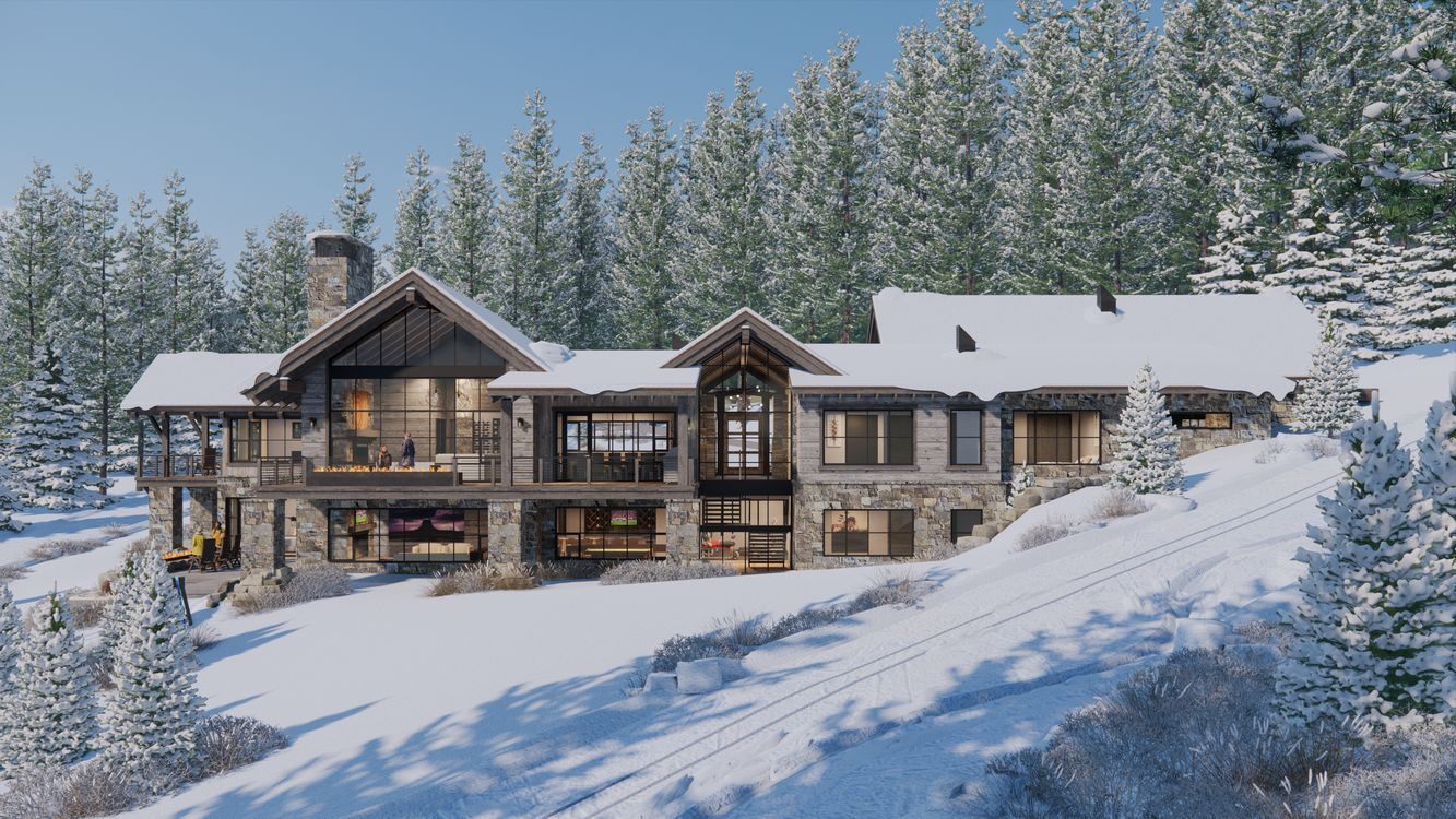 A large house is sitting on top of a snow covered hill surrounded by trees.