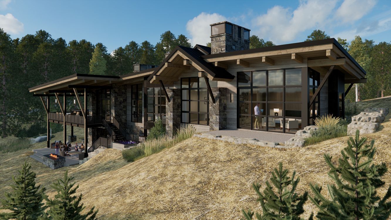 A large house is sitting on top of a hill surrounded by trees.