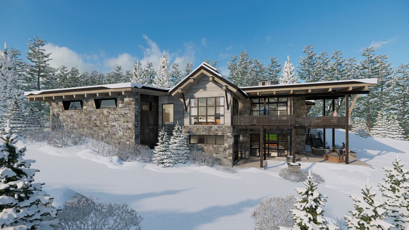 A large house is sitting on top of a snow covered hill surrounded by snow covered trees.