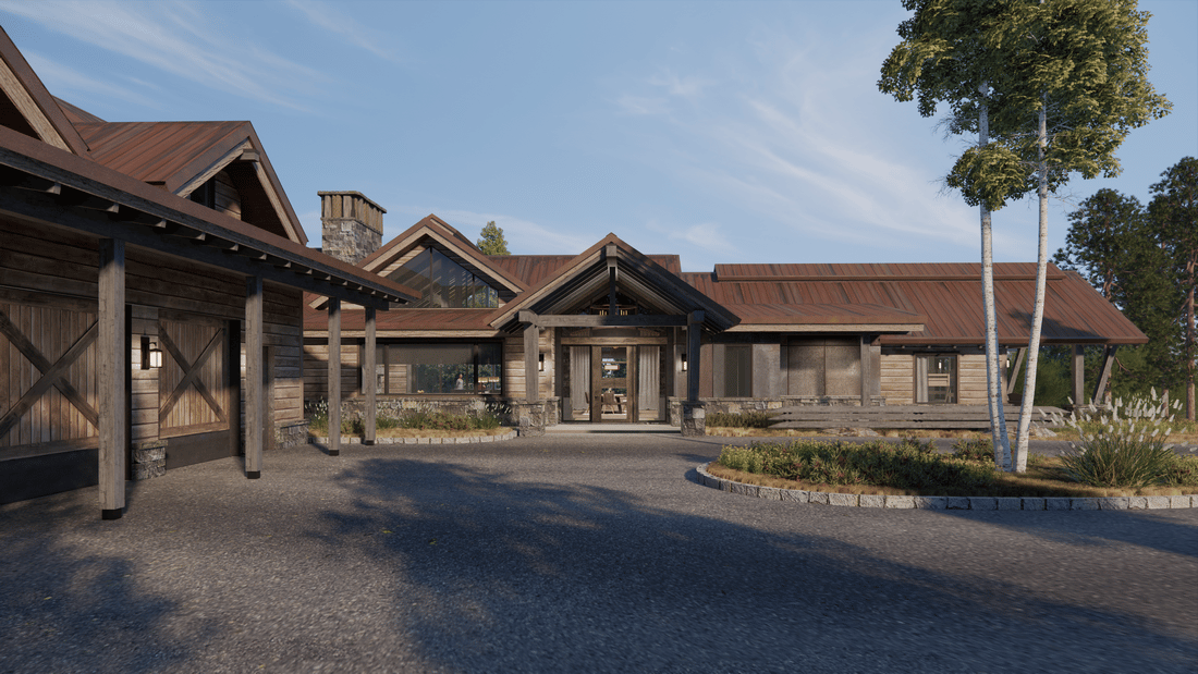 An artist 's impression of a large wooden house with a driveway leading to it.