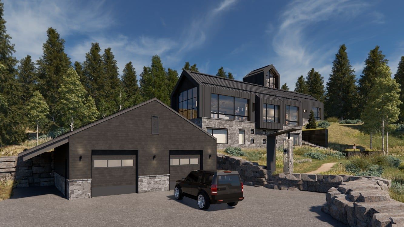 A car is parked in front of a large house surrounded by trees.