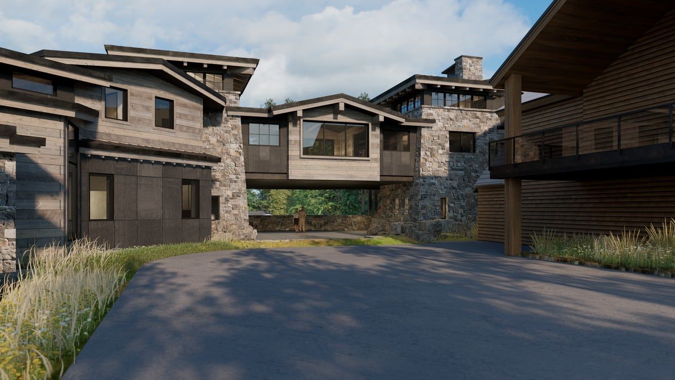 A rendering of a house with a bridge between two buildings.