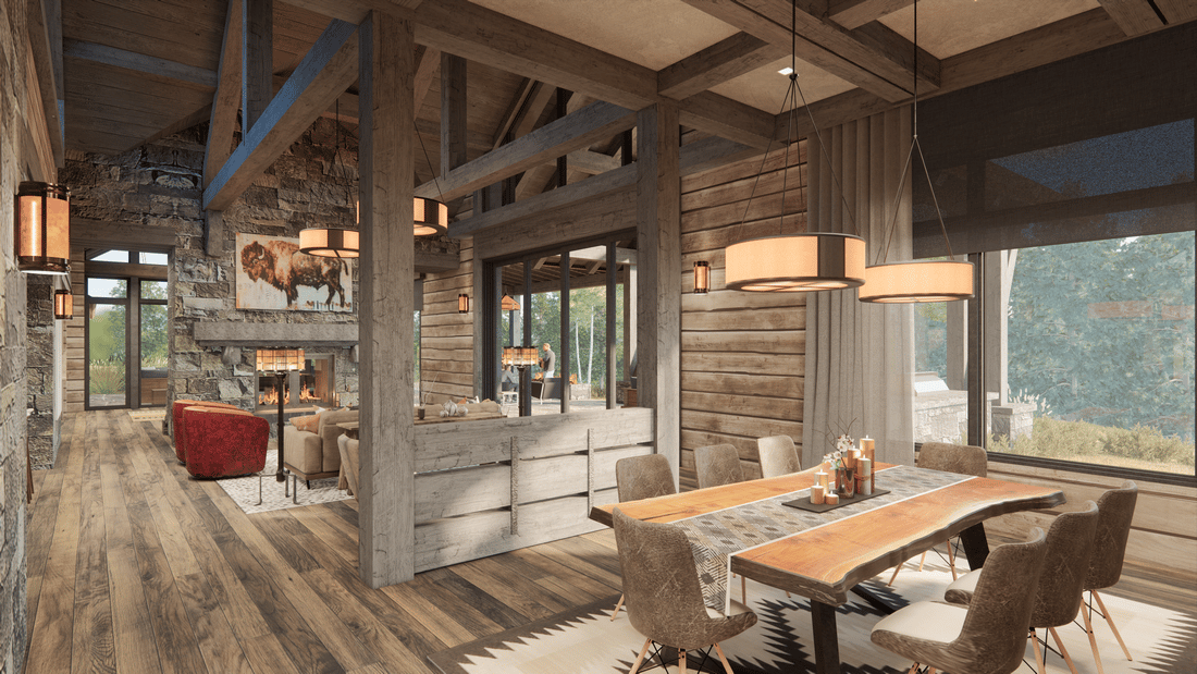 A dining room with a wooden table and chairs and a fireplace.