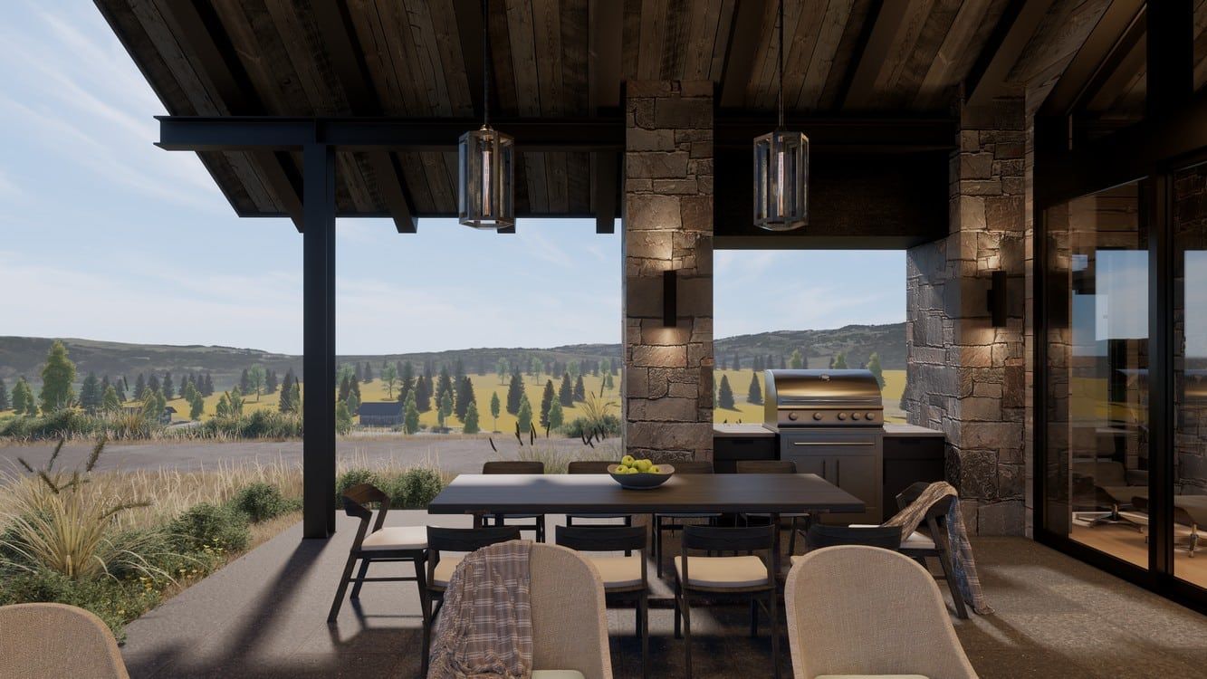 An artist 's impression of a patio with a table and chairs