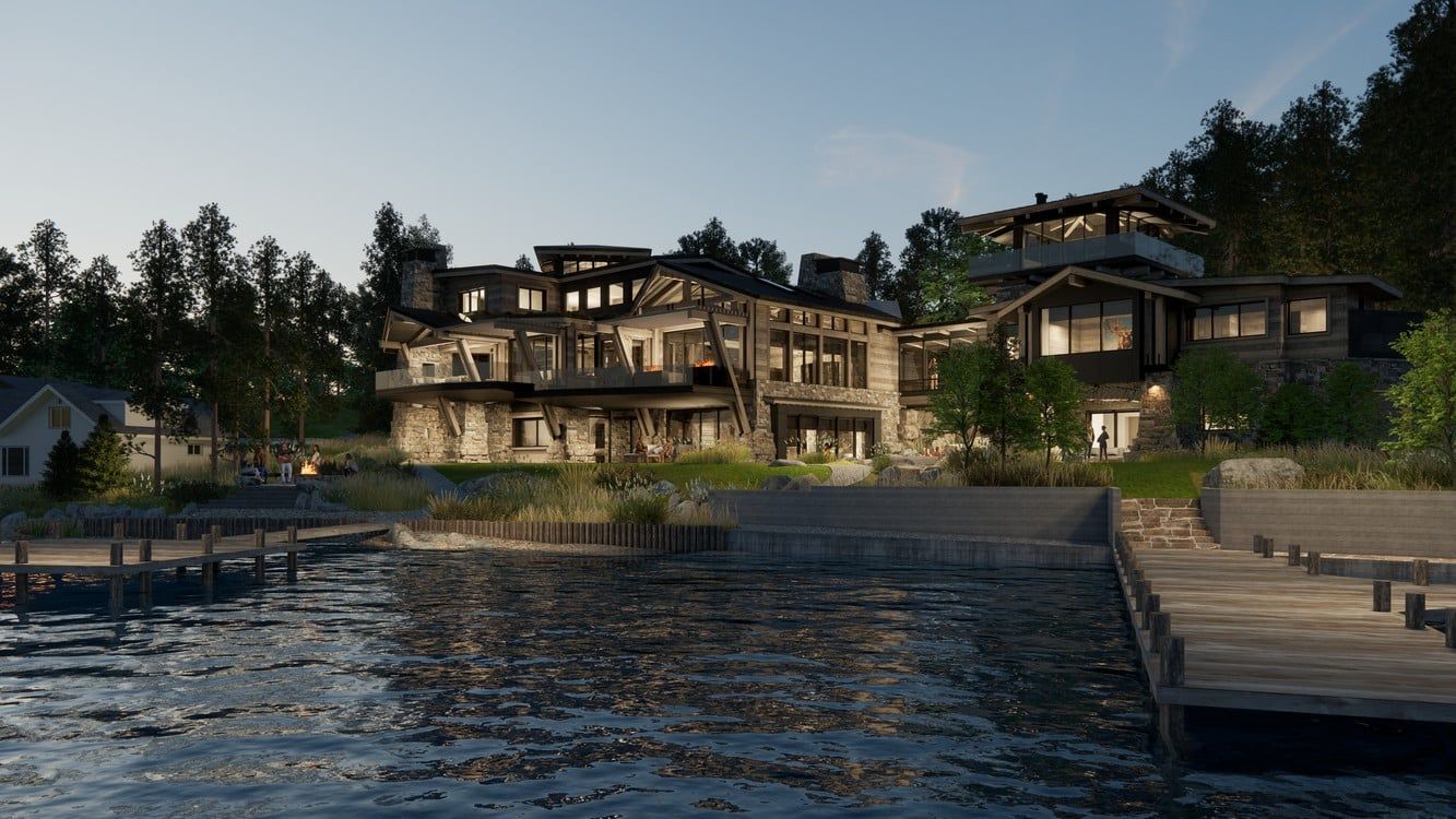 A large house is sitting on the shore of a lake next to a dock.