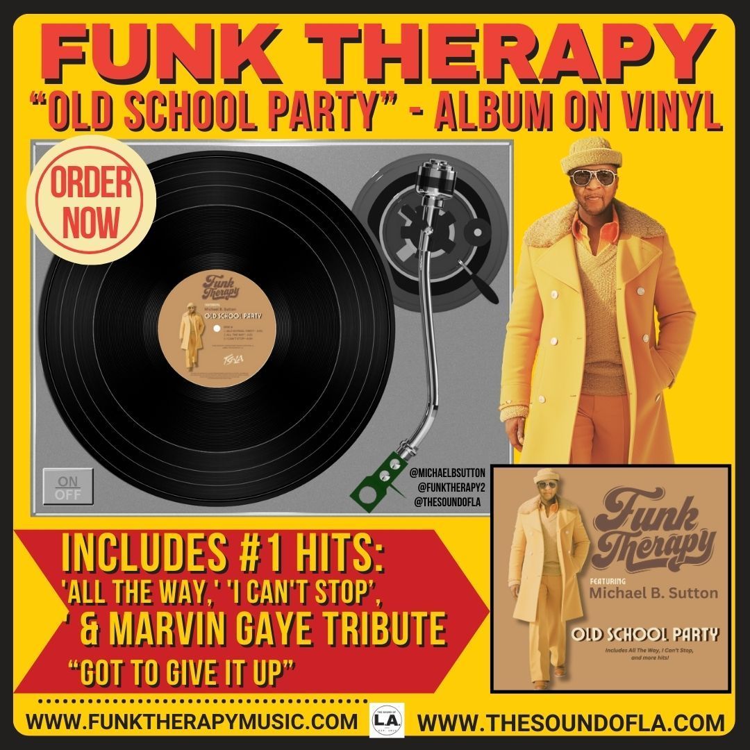 Funk Therapy “Old School Party” vinyl album ad with record player, man in yellow suit, and song list