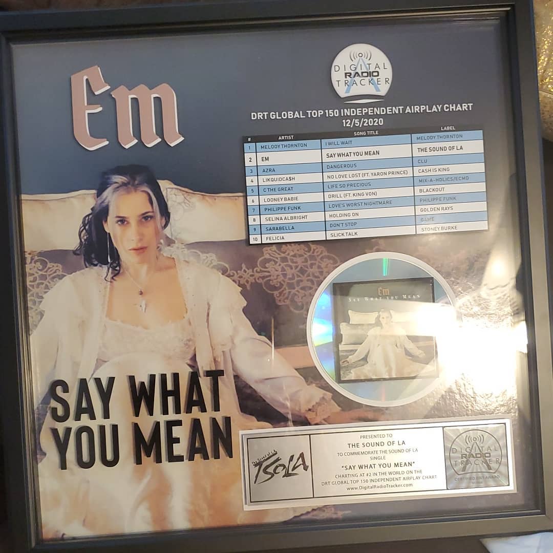 Framed Fm album cover with woman portrait, track list, CD, and bold text “SAY WHAT YOU MEAN”