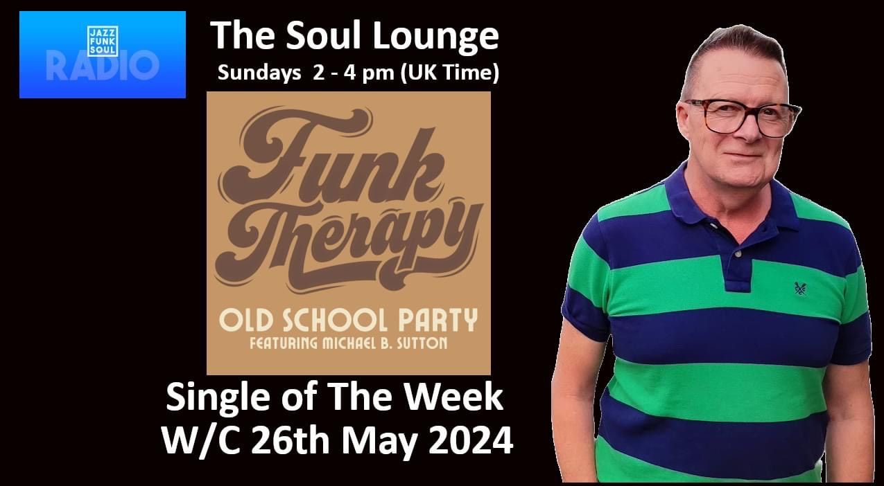 A man is standing in front of a sign that says funk therapy
