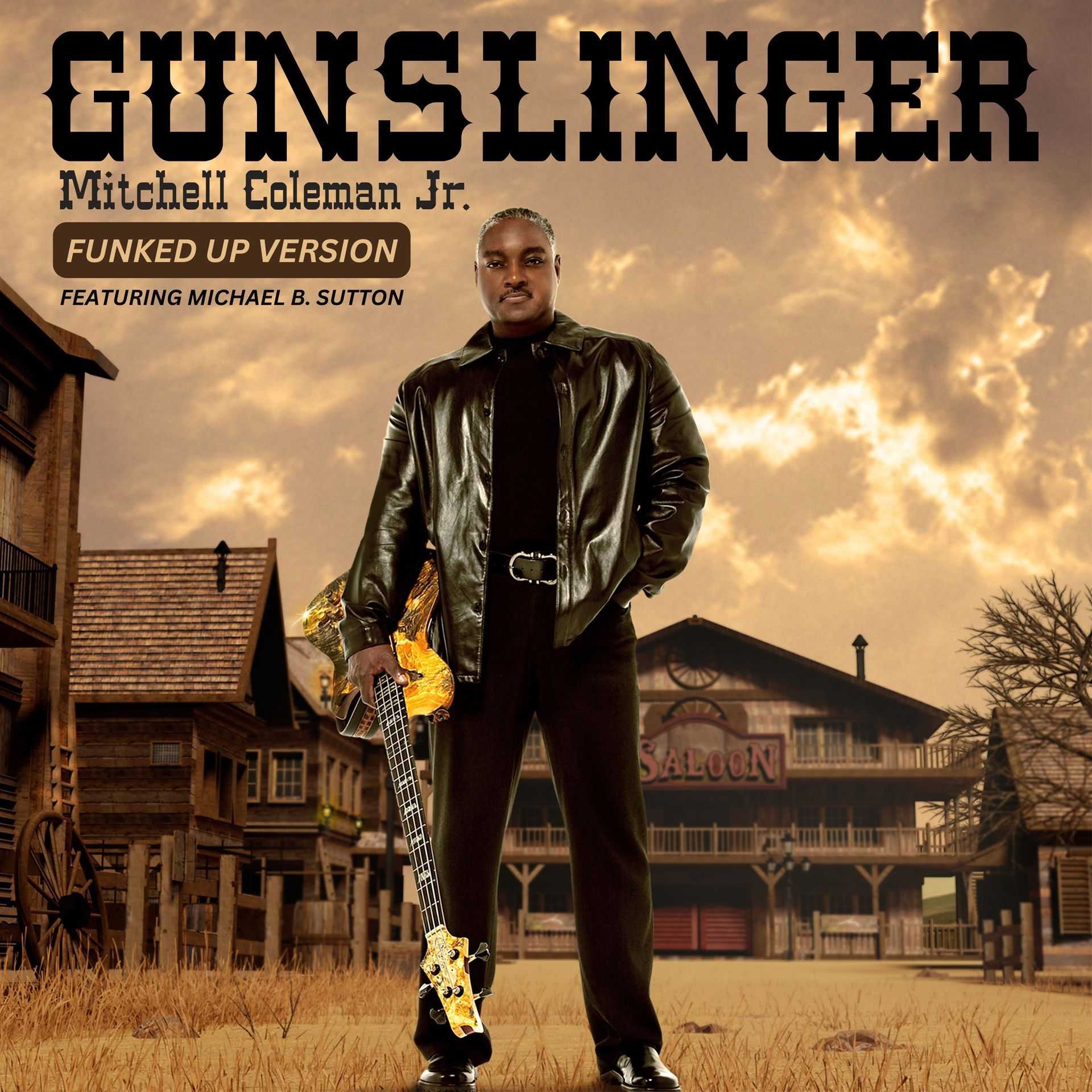 Mitchell Coleman Jr. on a Western-style cover, holding glowing pistols in a frontier town at sunset
