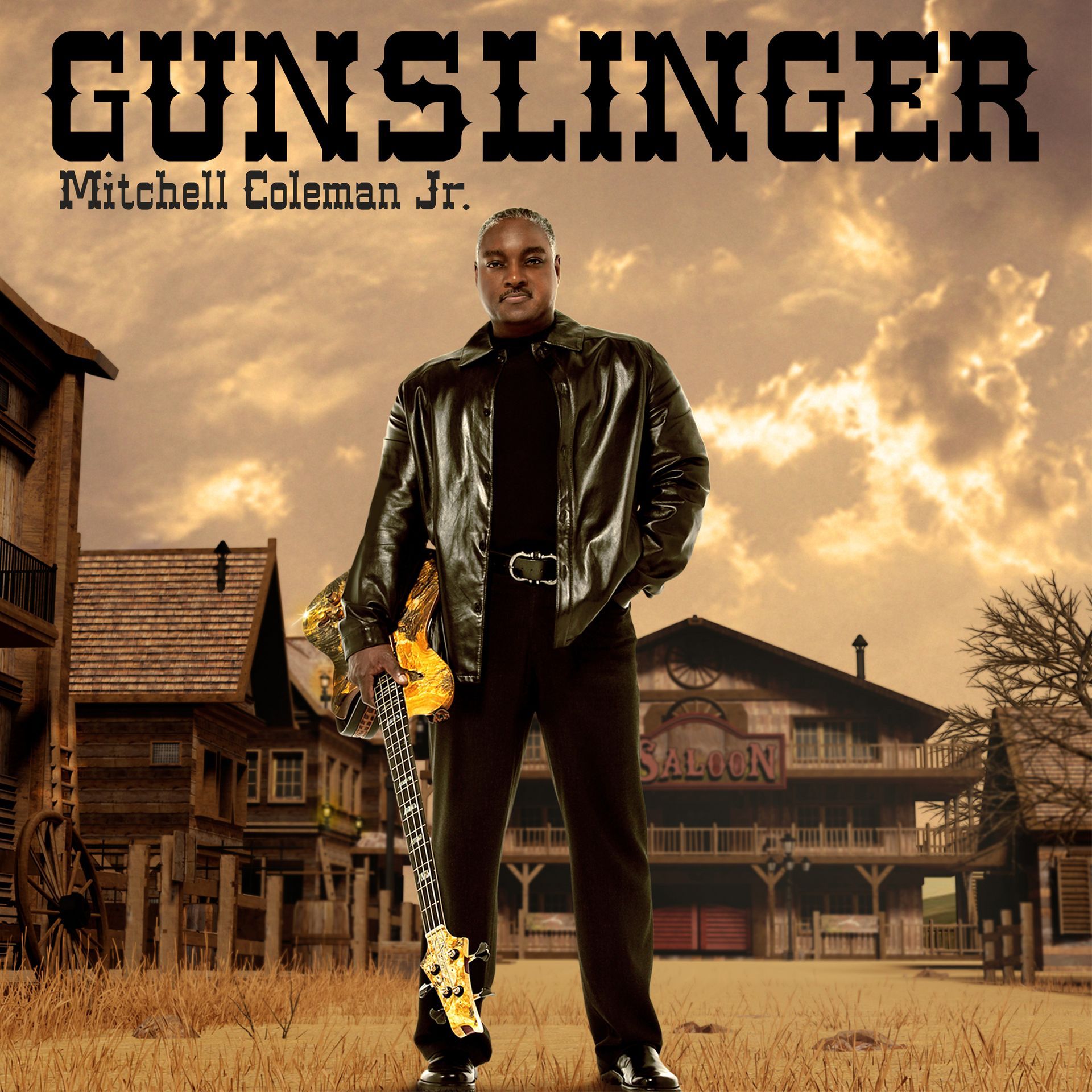 Man standing in a western town with a burning object in hand; title text reads “GUNSLINGER” and “Mitchell Coleman Jr.”