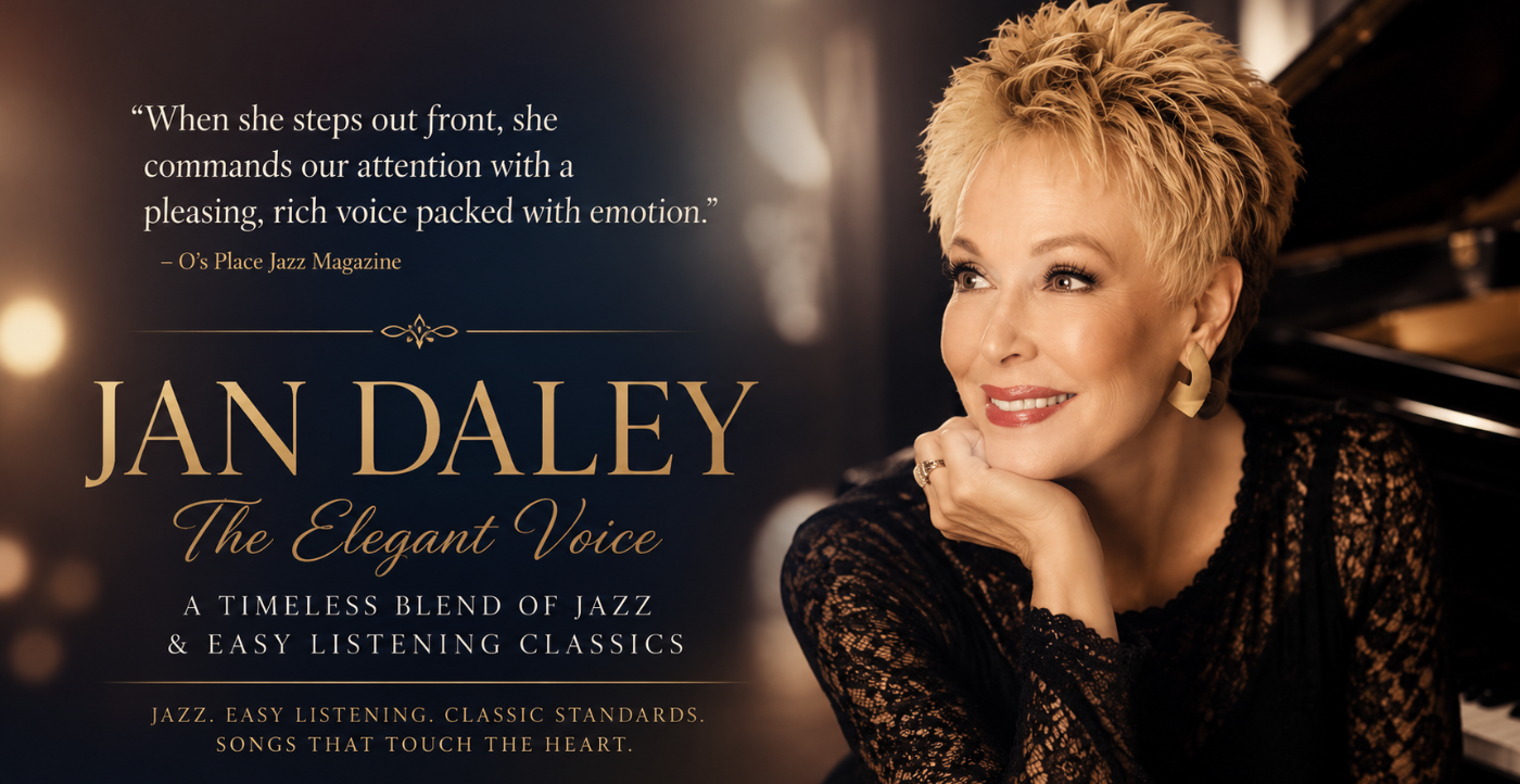 Jan Daley promo poster with portrait, gold text, and concert details on a dark background