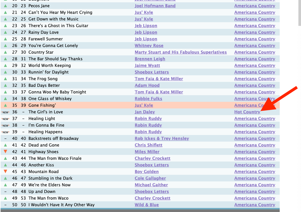 Spreadsheet-style list with one row highlighted in orange and a red arrow pointing to it