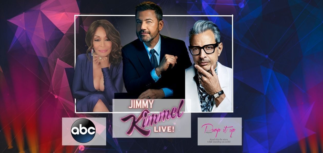A poster for jimmy kimmel live shows a man and a woman sitting next to each other.