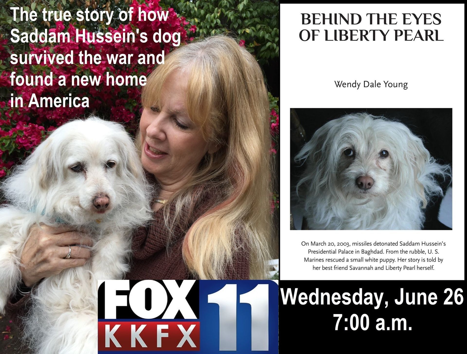 A woman is holding a white dog in front of a sign that says behind the eyes of liberty pearl