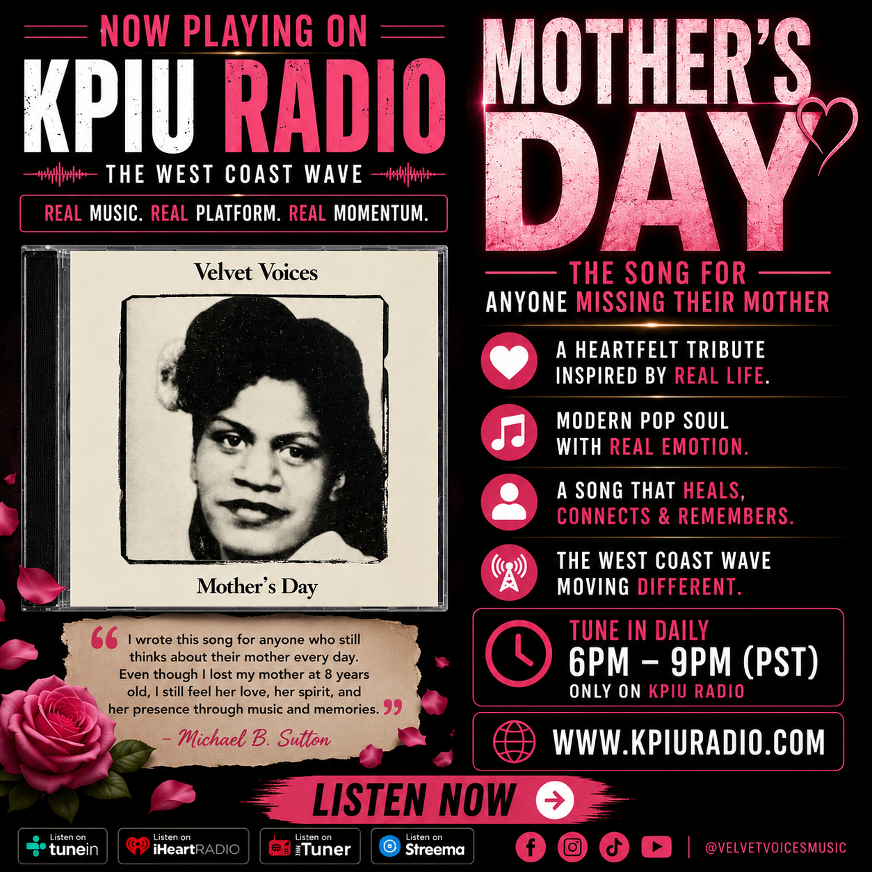 Mother’s Day promo poster for KPU Radio with portrait, event details, and “Listen Now” callout on a black-pink background