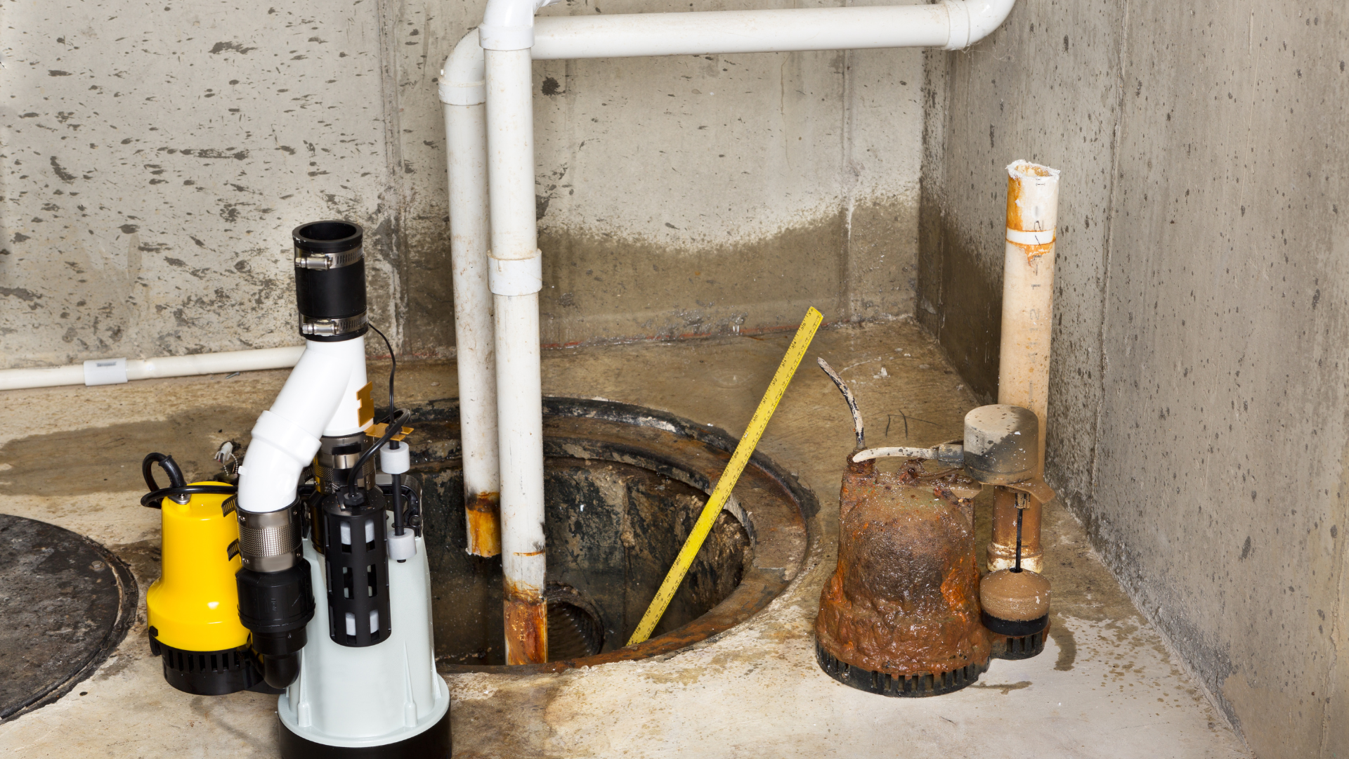 a sump pump is sitting next to a drain in a basement