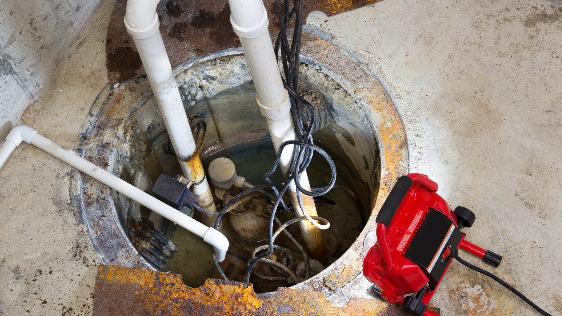 a sump pump is being repaired in a basement