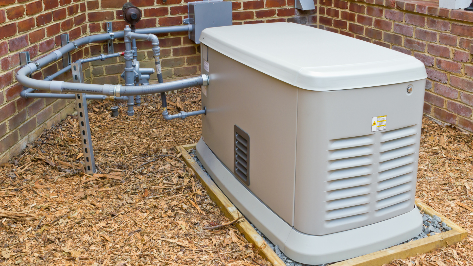 a generator is sitting outside of a brick building