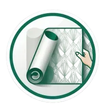 Green circular logo of a rolled paper design or blueprint held by a hand