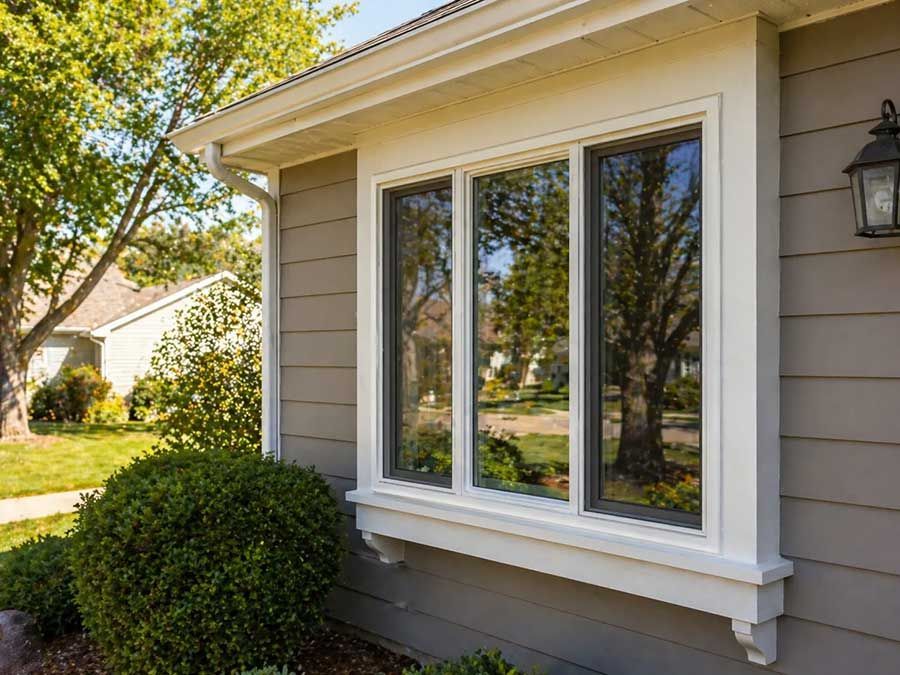 House exterior with a white-trimmed window, beige siding, and a neatly trimmed shrub in front