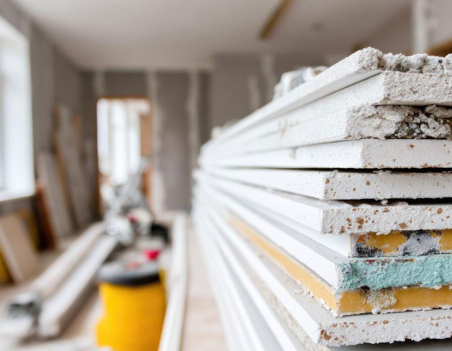 Stacked drywall sheets in a renovation room, with a yellow bucket in the background.