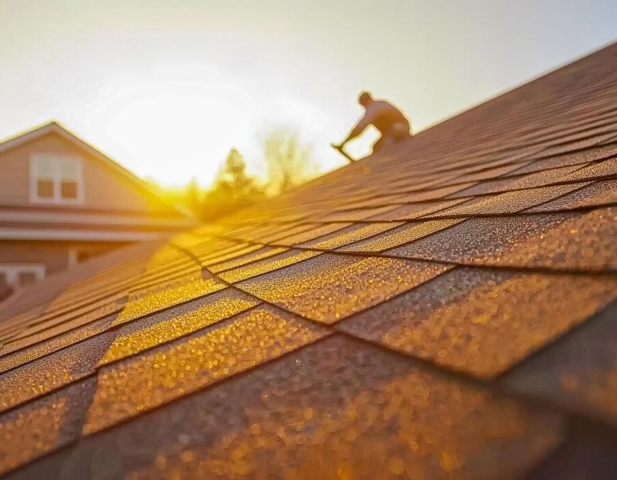 Worker on a sunlit shingled roof near sunset, inspecting or repairing it
