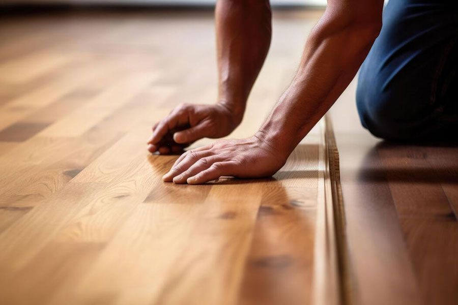 Hands on a wooden floor, preparing for a push-up in a gym-like setting