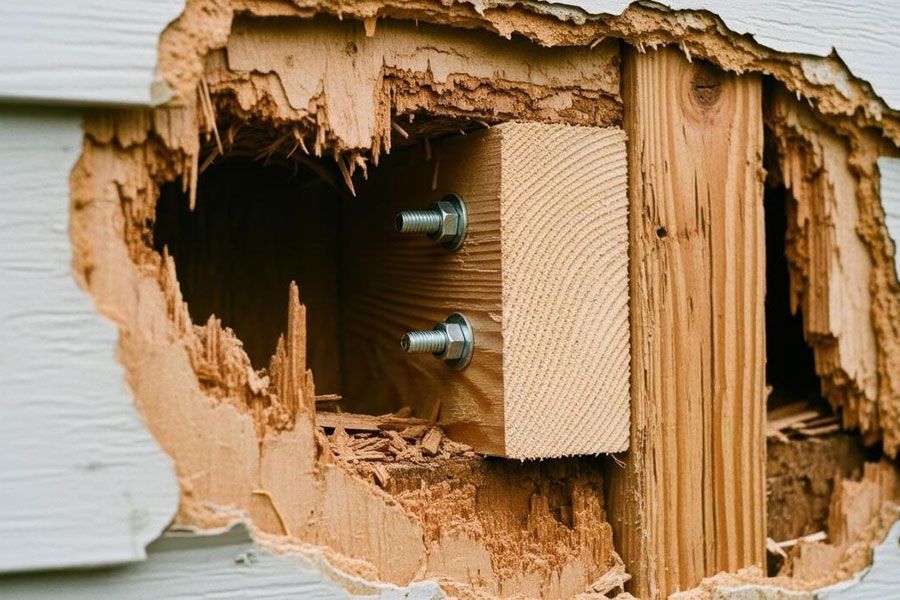 Damaged wall with a large hole exposing wooden studs and siding