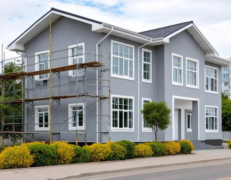 Gray two-story house with white trim and scaffolding along the front, beside a sidewalk and shrubs