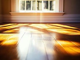 Sunlit empty room with bright window shadows on the wooden floor