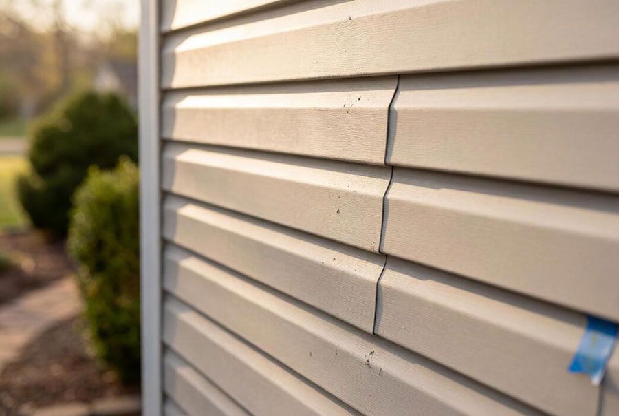 Close-up of beige house siding with a small blue tape tab on the right edge