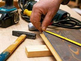 Hand using a tape measure and hammer on wood planks at a workbench