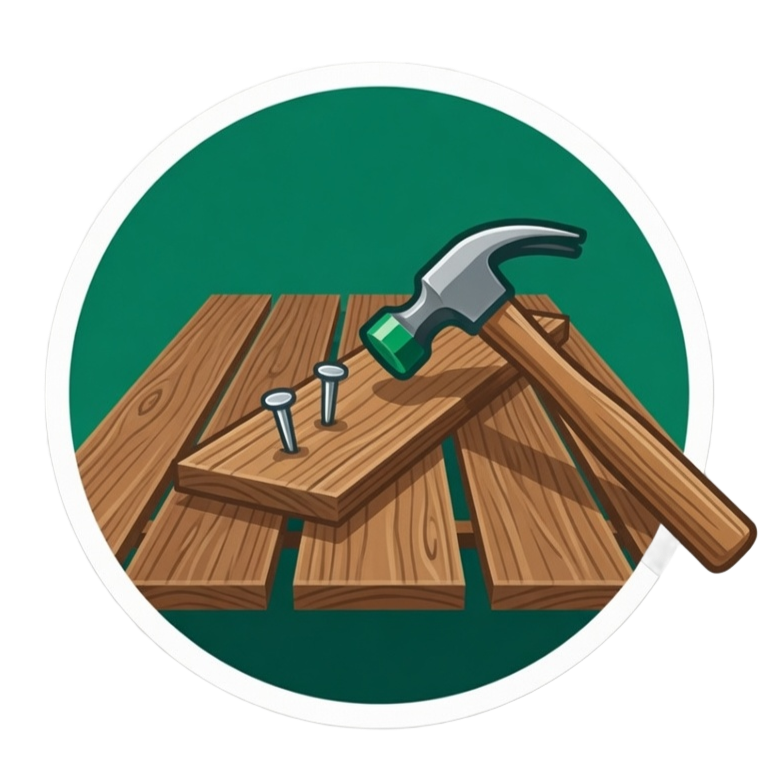 Hammer and nails on wooden planks over a green circular background
