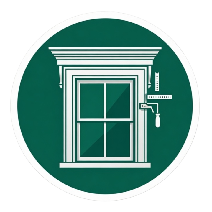 Green circular icon of a white window with a paint roller, suggesting window painting or renovation