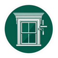 Green circular icon of a white window with a paint roller, suggesting window painting or renovation