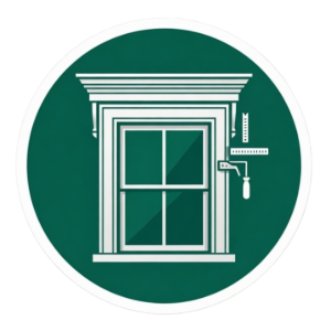 Green circular icon of a white window with a paint roller, suggesting window painting or renovation